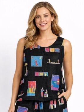 Hot Cotton Linen Top Tank Womens Sz 2X Art To Wear Colorful African Tribal
